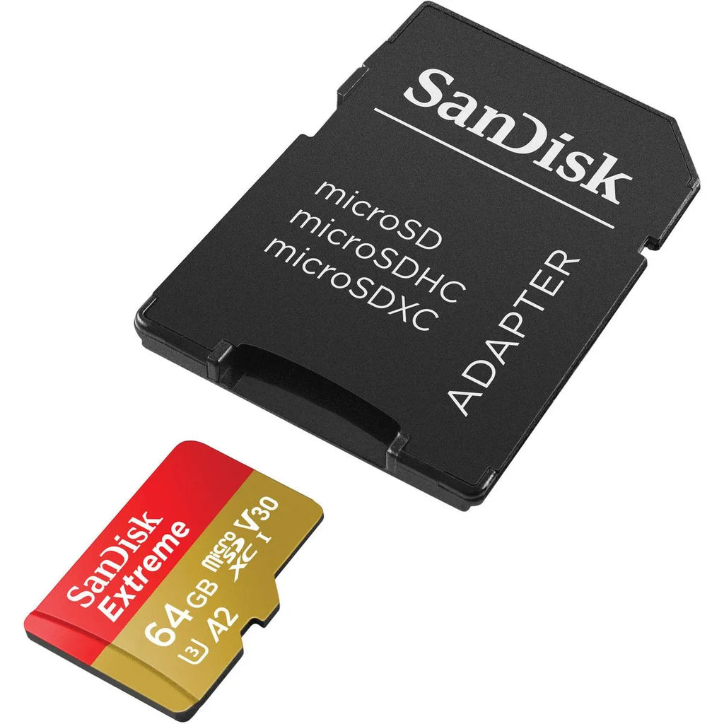 SanDisk Extreme Card de Memorie MicroSDXC 64GB A2 C10 V30 UHS-I U3 + Adaptor SD + 1 An RescuePRO Deluxe